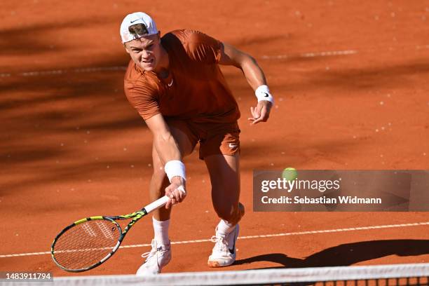 Holger Rune of Denmark plays a fore hand during his quarter final match against Cristian Garin of Chile during day seven of the BMW Open by American...