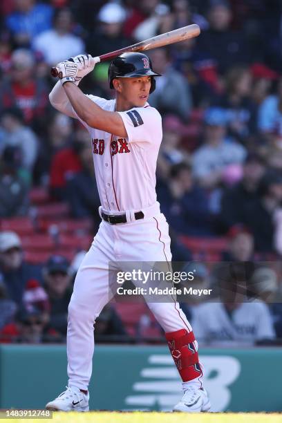 Rob Refsnyder of the Boston Red Sox at bat against the Minnesota Twins during the eighth inning at Fenway Park on April 20, 2023 in Boston,...