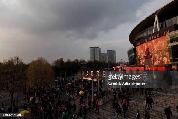 General view outside the stadium prior to the Premier League match between Arsenal FC and Southampton FC at Emirates Stadium on April 21, 2023 in...