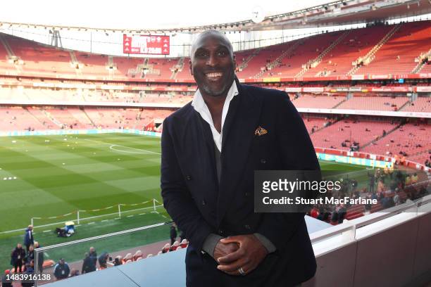 Former Arsenal FC player Sol Campbell poses for a photo in the stands prior to the Premier League match between Arsenal FC and Southampton FC at...