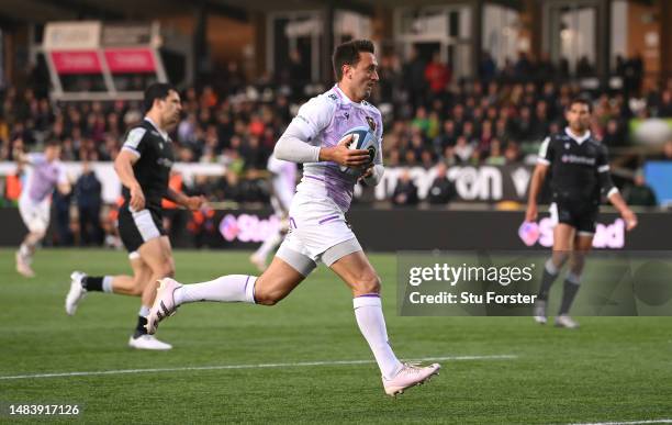 Saints scrum half Alex Mitchell races through to score the opening Saints try during the Gallagher Premiership Rugby match between Newcastle Falcons...