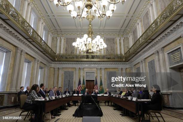 Members of the Financial Stability Oversight Council gather for a meeting at the Department of the Treasury on April 21, 2023 in Washington, DC. The...
