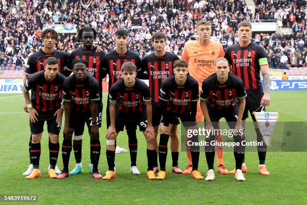 The AC Milan starting eleven line up for a team photo prior to kick off in the UEFA Youth League 2022/23 Semi-Final match between HNK Hajduk Split...