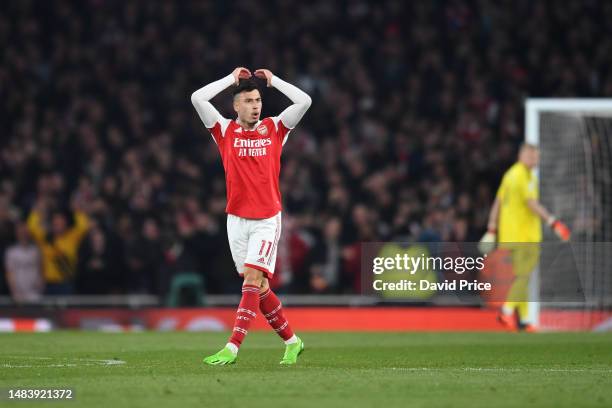 Gabriel Martinelli of Arsenal celebrates after scoring the team's first goal during the Premier League match between Arsenal FC and Southampton FC at...