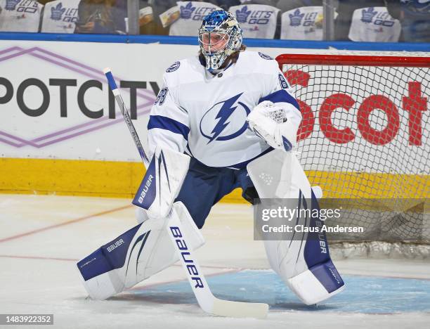 Andrei Vasilevskiy of the Tampa Bay Lightning warms up prior to playing against the Toronto Maple Leafs in Game Two of the First Round of the 2023...
