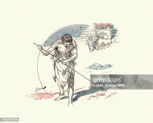 man raking over the blood stain sand in an ancient roman arena after the games, history - arles stock illustrations