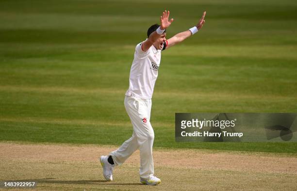 James Anderson of Lancashire celebrates the wicket of Lewis Gregory of Somerset during Day Two of the LV= Insurance County Championship Division 1...