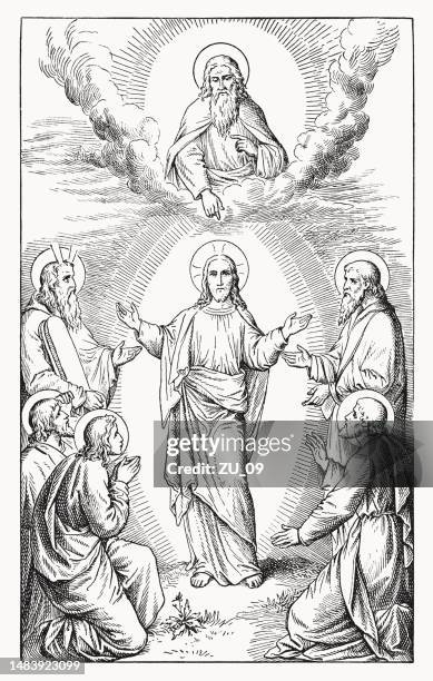 jesus transfiguration (matthew 17, 1-8), wood engraving, published in 1898 - holy trinity stock illustrations