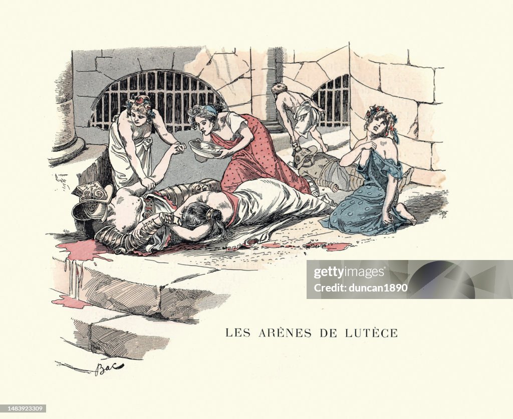 Women mournering a fallen Gladiator in the Ancient Roman arena, Arènes de Lutèce, Ancient History