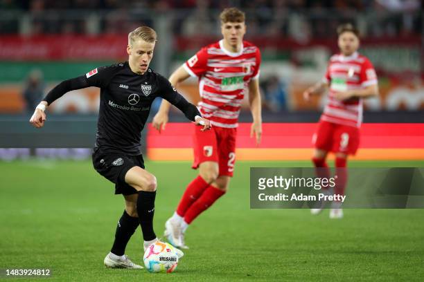 Chris Fuhrich of VfB Stuttgart in action during the Bundesliga match between FC Augsburg and VfB Stuttgart at WWK-Arena on April 21, 2023 in...