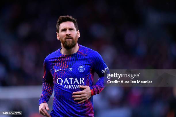 Leo Messi of Paris Saint-Germain warms up before the Ligue 1 match between Angers SCO and Paris Saint-Germain at Stade Raymond Kopa on April 21, 2023...