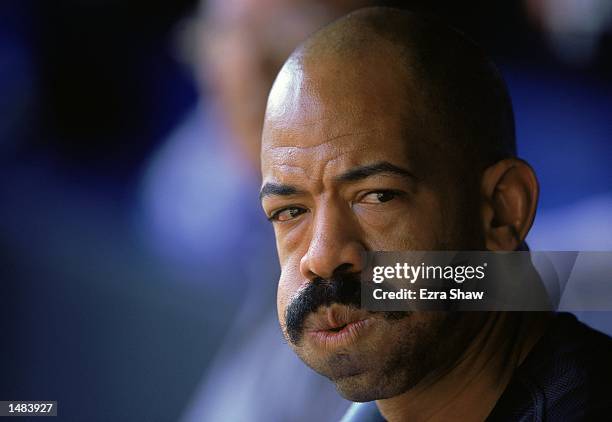 Close up of Derek Bell of the New York Mets looks on from the dugout during the game against the Pittsburgh Pirates at Shea Stadium in Flushing, New...