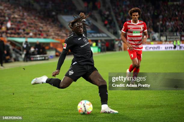 Tanguy Coulibaly of VfB Stuttgart in action during the Bundesliga match between FC Augsburg and VfB Stuttgart at WWK-Arena on April 21, 2023 in...