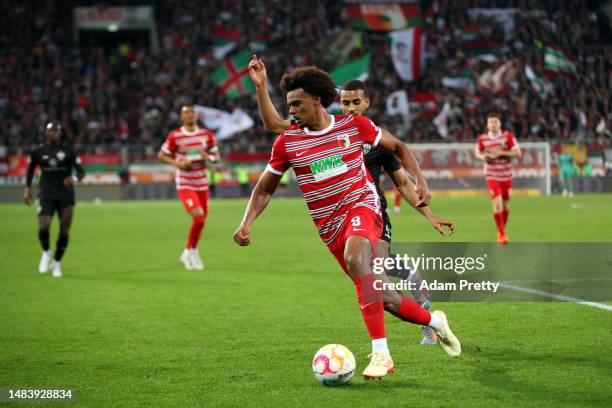 Renato Veiga of FC Augsburg in action during the Bundesliga match between FC Augsburg and VfB Stuttgart at WWK-Arena on April 21, 2023 in Augsburg,...