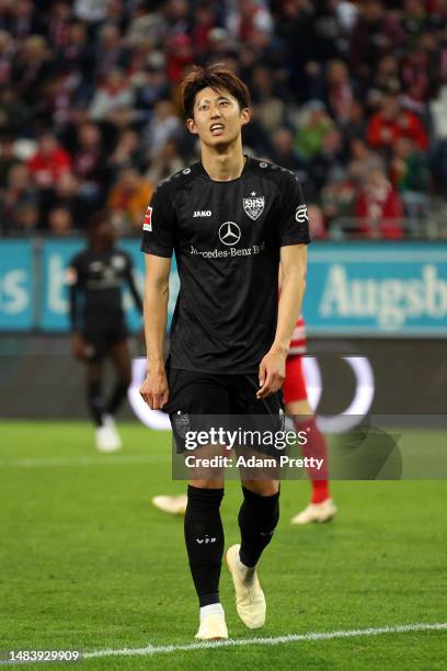 Hiroki Ito of VfB Stuttgart reacts during the Bundesliga match between FC Augsburg and VfB Stuttgart at WWK-Arena on April 21, 2023 in Augsburg,...