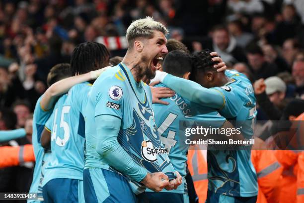 Lyanco of Southampton celebrates after teammate Duje Caleta-Car of Southampton scored their side's third goal during the Premier League match between...