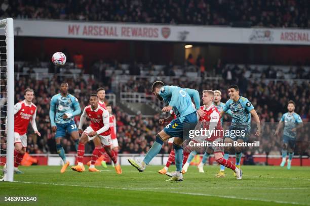 Duje Caleta-Car of Southampton scores the team's third goal during the Premier League match between Arsenal FC and Southampton FC at Emirates Stadium...