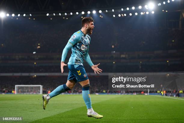 Duje Caleta-Car of Southampton celebrates after scoring the team's third goal during the Premier League match between Arsenal FC and Southampton FC...