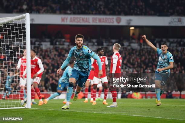 Duje Caleta-Car of Southampton celebrates after scoring the team's third goal during the Premier League match between Arsenal FC and Southampton FC...