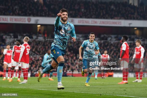 Duje Caleta-Car of Southampton celebrates after scoring the team's third goal during the Premier League match between Arsenal FC and Southampton FC...