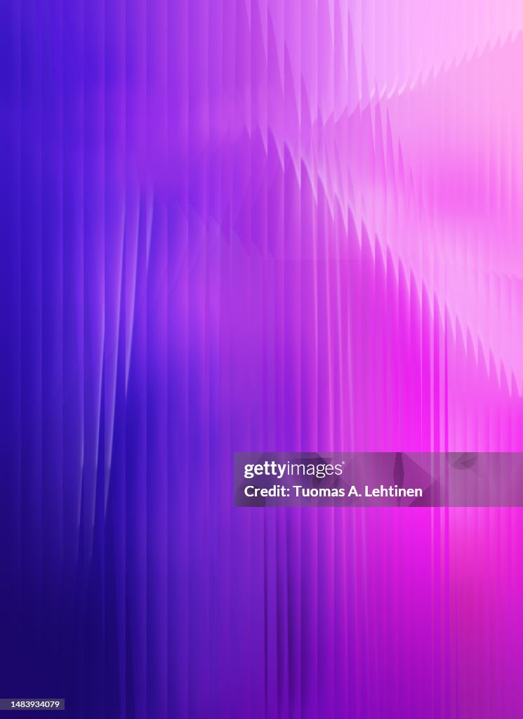 Abstract vibrant blue, purple and pink glass effect background with vertical lines.