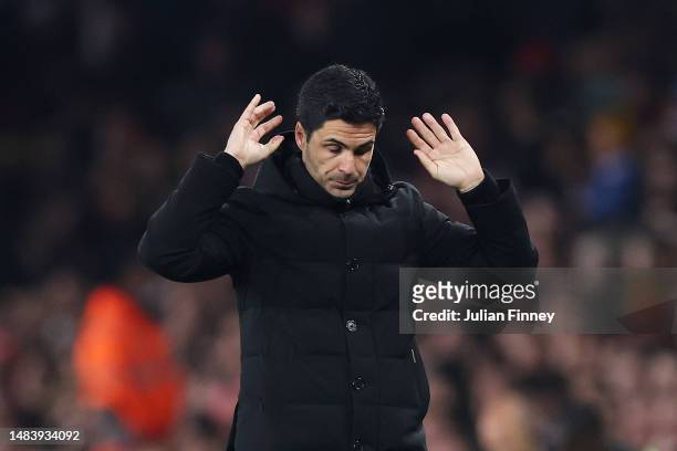 Mikel Arteta, Manager of Arsenal, looks dejected during the Premier League match between Arsenal FC and Southampton FC at Emirates Stadium on April...