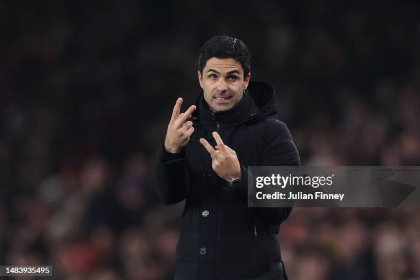 Mikel Arteta, Manager of Arsenal, gestures during the Premier League match between Arsenal FC and Southampton FC at Emirates Stadium on April 21,...