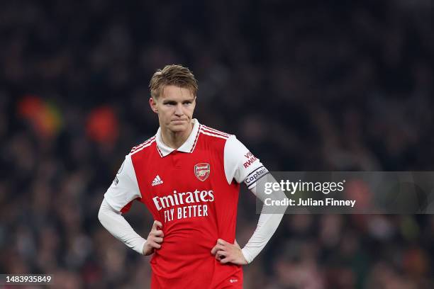 Martin Odegaard of Arsenal looks dejected during the Premier League match between Arsenal FC and Southampton FC at Emirates Stadium on April 21, 2023...