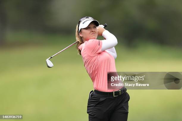 Brooke M. Henderson of Canada plays her second shot on the first hole during the second round of The Chevron Championship at The Club at Carlton...
