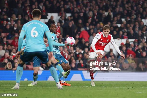 Martin Odegaard of Arsenal scores the team's second goal during the Premier League match between Arsenal FC and Southampton FC at Emirates Stadium on...