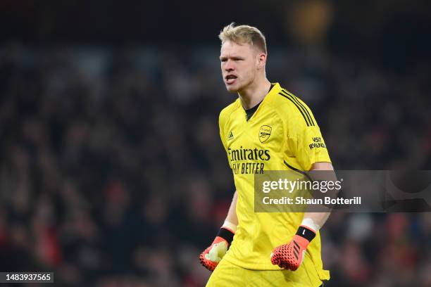 Aaron Ramsdale of Arsenal celebrates after teammate Bukayo Saka of Arsenal scored their side's third goal during the Premier League match between...