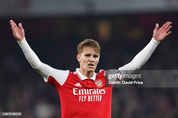 Martin Odegaard of Arsenal reacts during the Premier League match between Arsenal FC and Southampton FC at Emirates Stadium on April 21, 2023 in...
