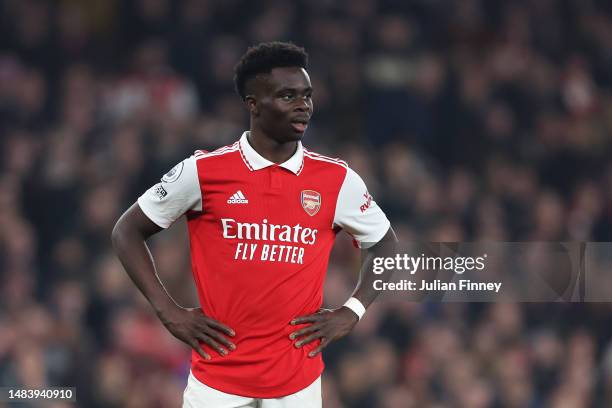 Bukayo Saka of Arsenal looks dejected following their draw in the Premier League match between Arsenal FC and Southampton FC at Emirates Stadium on...