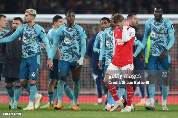 Martin Odegaard of Arsenal looks dejected after their draw the Premier League match between Arsenal FC and Southampton FC at Emirates Stadium on...