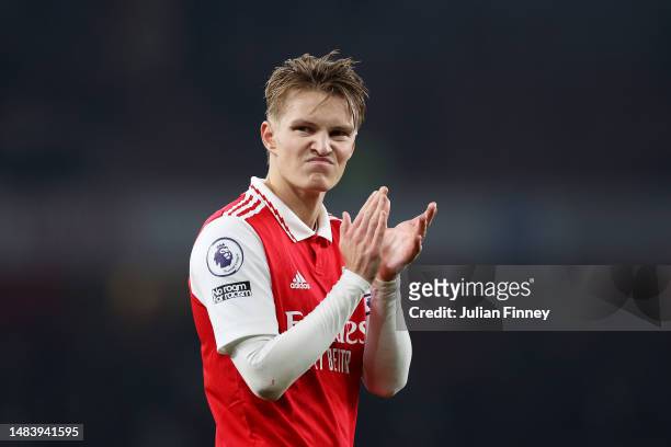 Martin Odegaard of Arsenal acknowledges the fans after their draw in the Premier League match between Arsenal FC and Southampton FC at Emirates...
