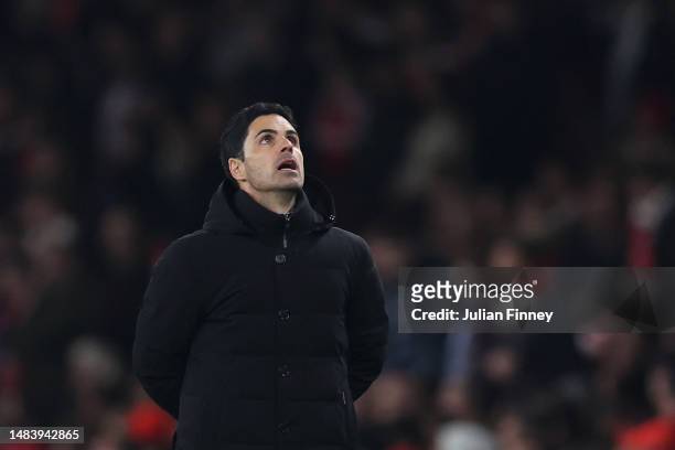 Mikel Arteta, Manager of Arsenal, looks on during the Premier League match between Arsenal FC and Southampton FC at Emirates Stadium on April 21,...