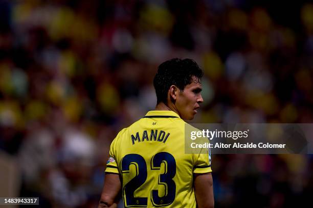 Aissa Mandi of Villarreal CF looks on during the LaLiga Santander match between Villarreal CF and Real Valladolid CF at Estadio de la Ceramica on...