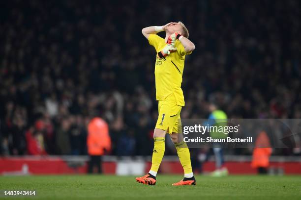 Aaron Ramsdale of Arsenal looks dejected at the full-time whistle during the Premier League match between Arsenal FC and Southampton FC at Emirates...