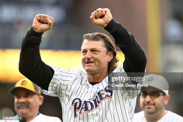 On April 18: Former San Diego Padres pitcher Trevor Hoffman cheers before a baseball game against the Atlanta Braves on April 18, 2023 at Petco Park...