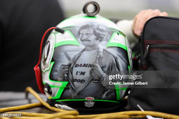 Detail view of the helmet worn by Jeffrey Earnhardt, driver of the SouthPoint Bank/ForeverLawn Chevrolet, during qualifying for the NASCAR Xfinity...