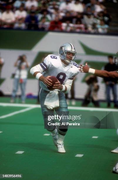 Quarterback Troy Aikman of the Dallas Cowboys in the game between the Dallas Cowboys vs the New York Jets on November 4, 1990 at The Meadowlands in...