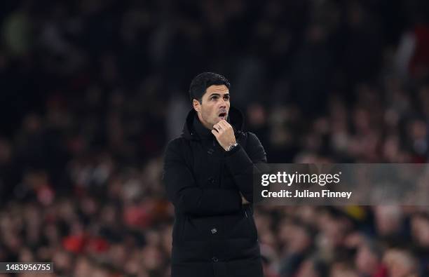 Mikel Arteta, Manager of Arsenal, looks on during the Premier League match between Arsenal FC and Southampton FC at Emirates Stadium on April 21,...