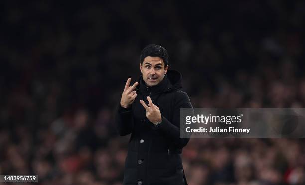 Mikel Arteta, Manager of Arsenal, looks on during the Premier League match between Arsenal FC and Southampton FC at Emirates Stadium on April 21,...