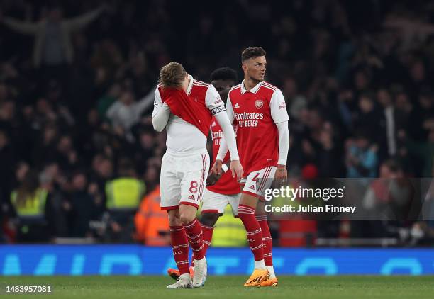 Martin Odegaard of Arsenal looks dejected during the Premier League match between Arsenal FC and Southampton FC at Emirates Stadium on April 21, 2023...