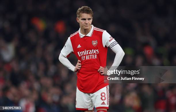 Martin Odegaard of Arsenal looks dejected during the Premier League match between Arsenal FC and Southampton FC at Emirates Stadium on April 21, 2023...