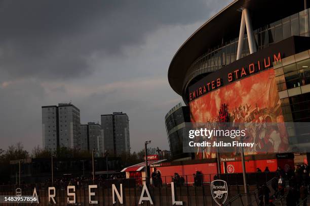 General view outside the stadium before the Premier League match between Arsenal FC and Southampton FC at Emirates Stadium on April 21, 2023 in...