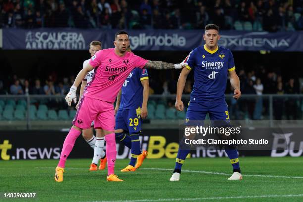 Lorenzo Montipo and Adolfo Gaich of Hellas Verona FC looks on during the Serie A match between Hellas Verona and Bologna FC at Stadio Marcantonio...