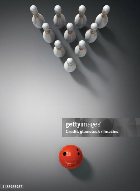 3d, bowling, bowling pin, bowling ball, top angle, direct top angle, triangle, alignment, still life, no people - bowling pin stock pictures, royalty-free photos & images