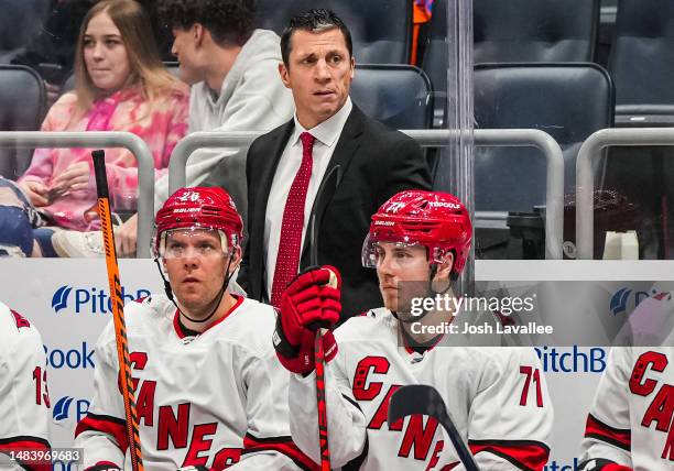 Head coach Rod Brind'Amour of the Carolina Hurricanes is seen on the bench during the second period against the New York Islanders in Game Three of...