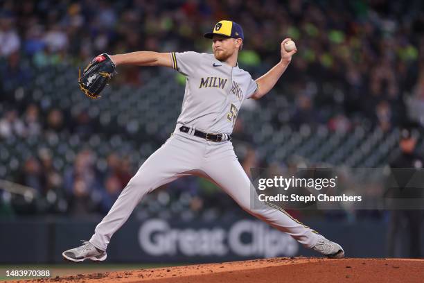 Eric Lauer of the Milwaukee Brewers pitches during the first inning against the Seattle Mariners at T-Mobile Park on April 19, 2023 in Seattle,...